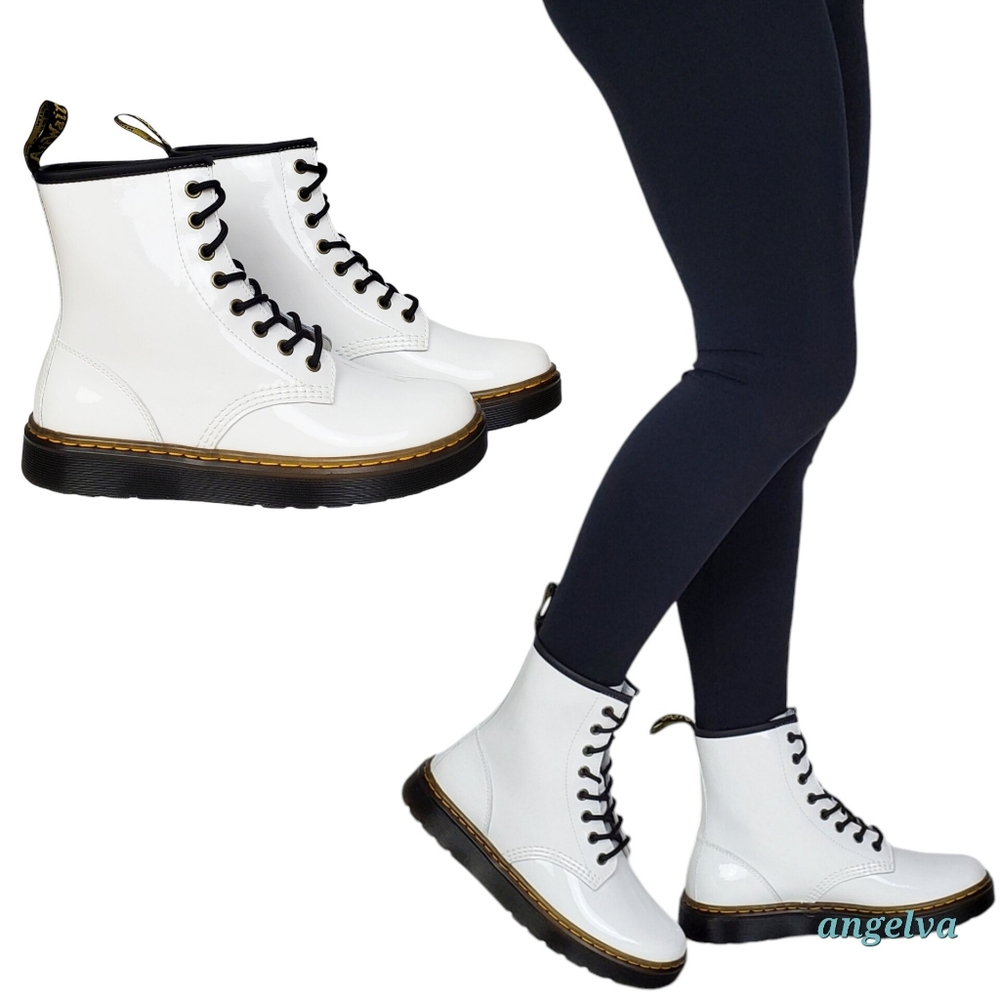 NWB Dr Martens womens Zavala combat boots white patent leather lace up classic